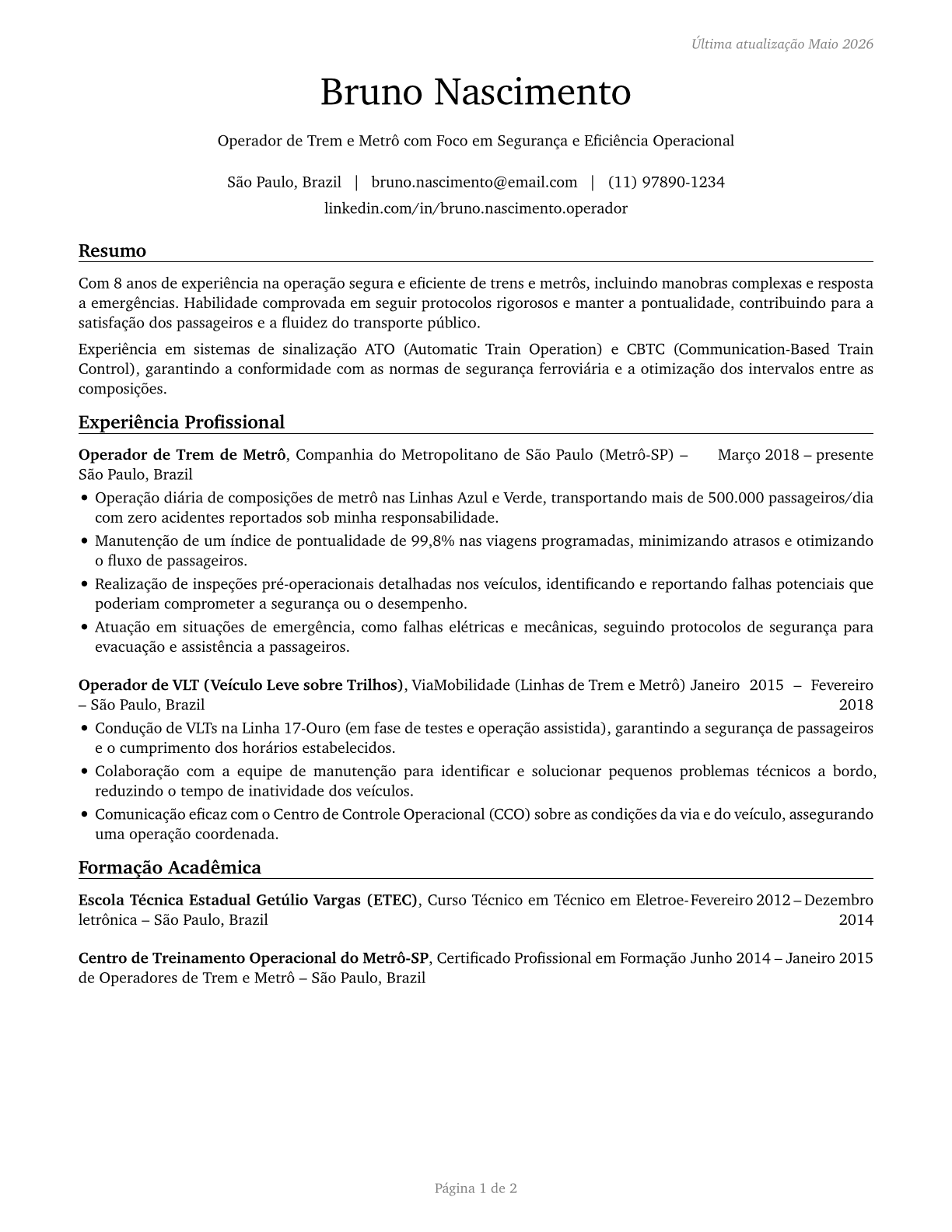 Subway and Streetcar Operators CV in Portuguese — page 1