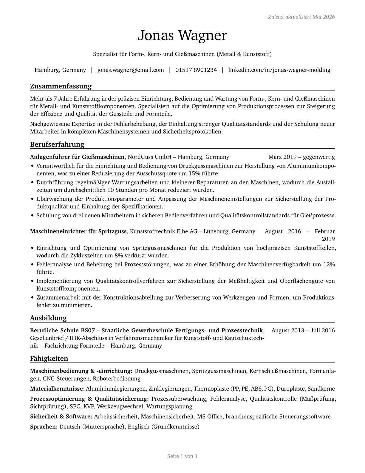 Molding, Coremaking, and Casting Machine Setters, Operators, and Tenders, Metal and Plastic CV in German — page 1