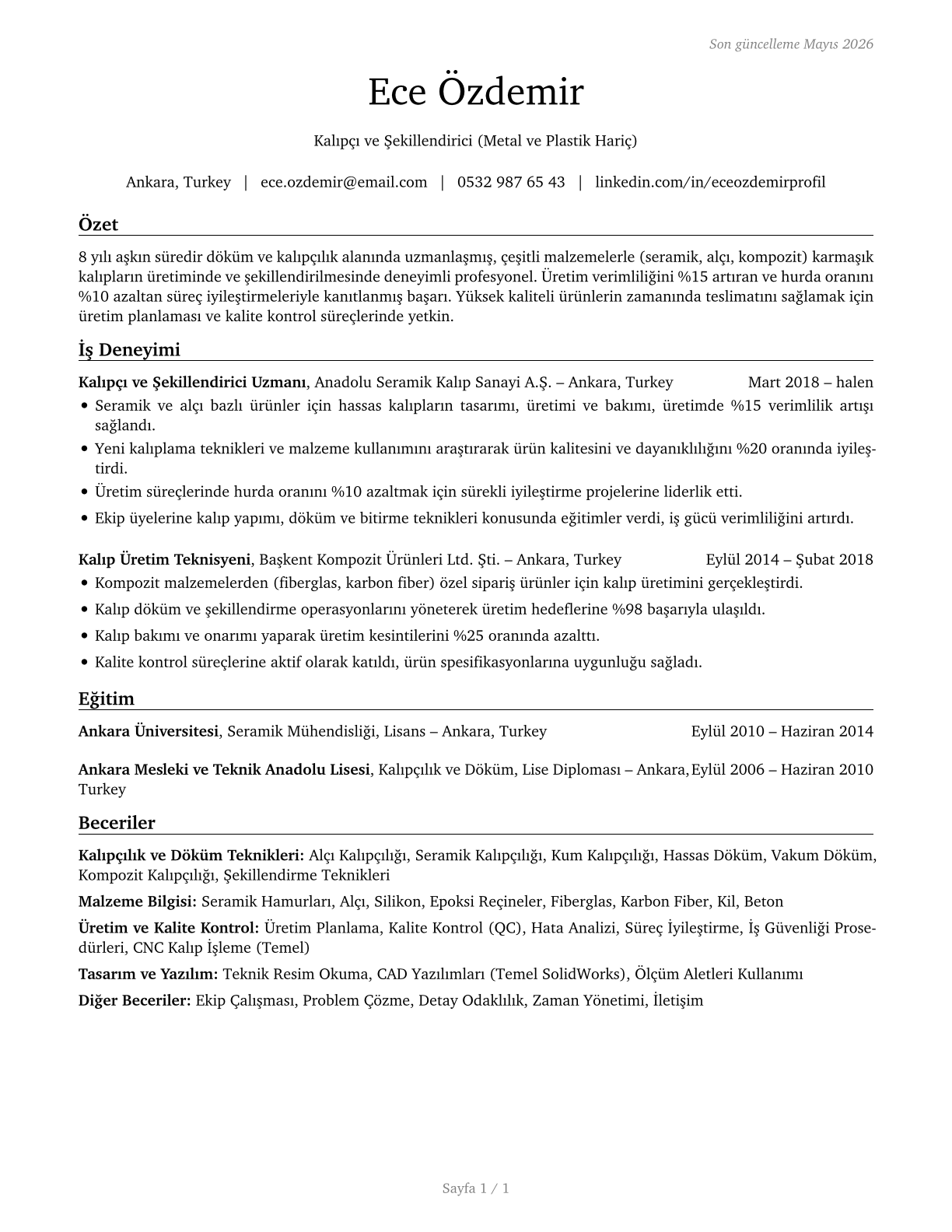 Molders, Shapers, and Casters, Except Metal and Plastic CV in Turkish — page 1