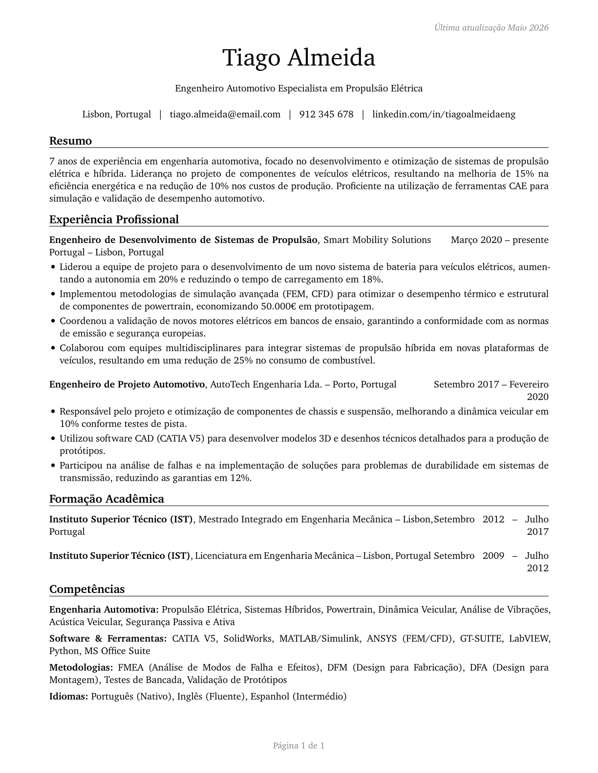 Automotive Engineers CV in Portuguese — page 1