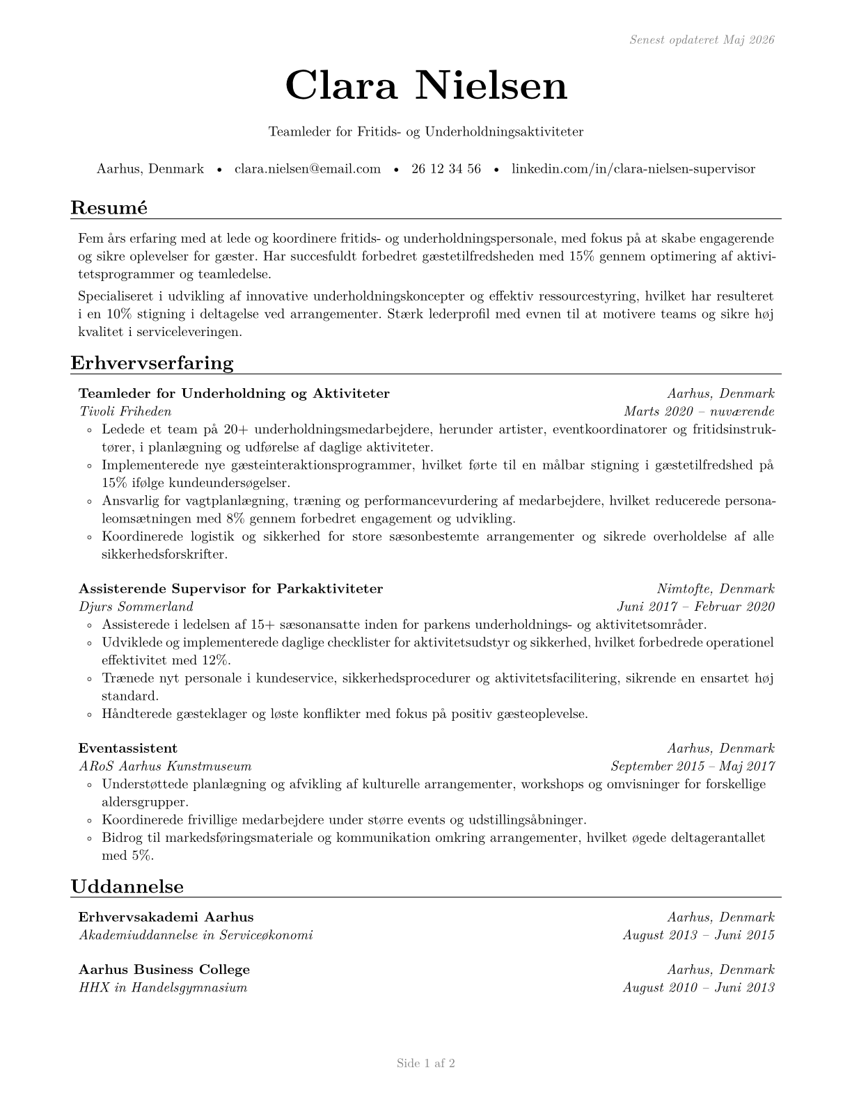 First-Line Supervisors of Entertainment and Recreation Workers, Except Gambling Services CV in Danish — page 1