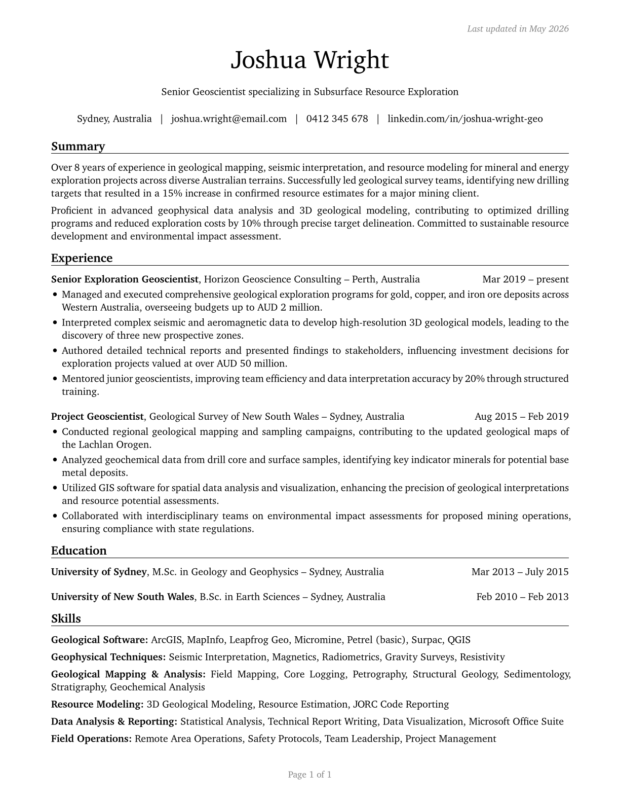 Geoscientists, Except Hydrologists and Geographers CV in English — page 1