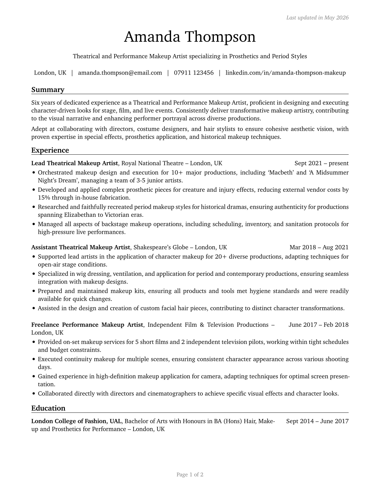 Makeup Artists, Theatrical and Performance CV in English — page 1