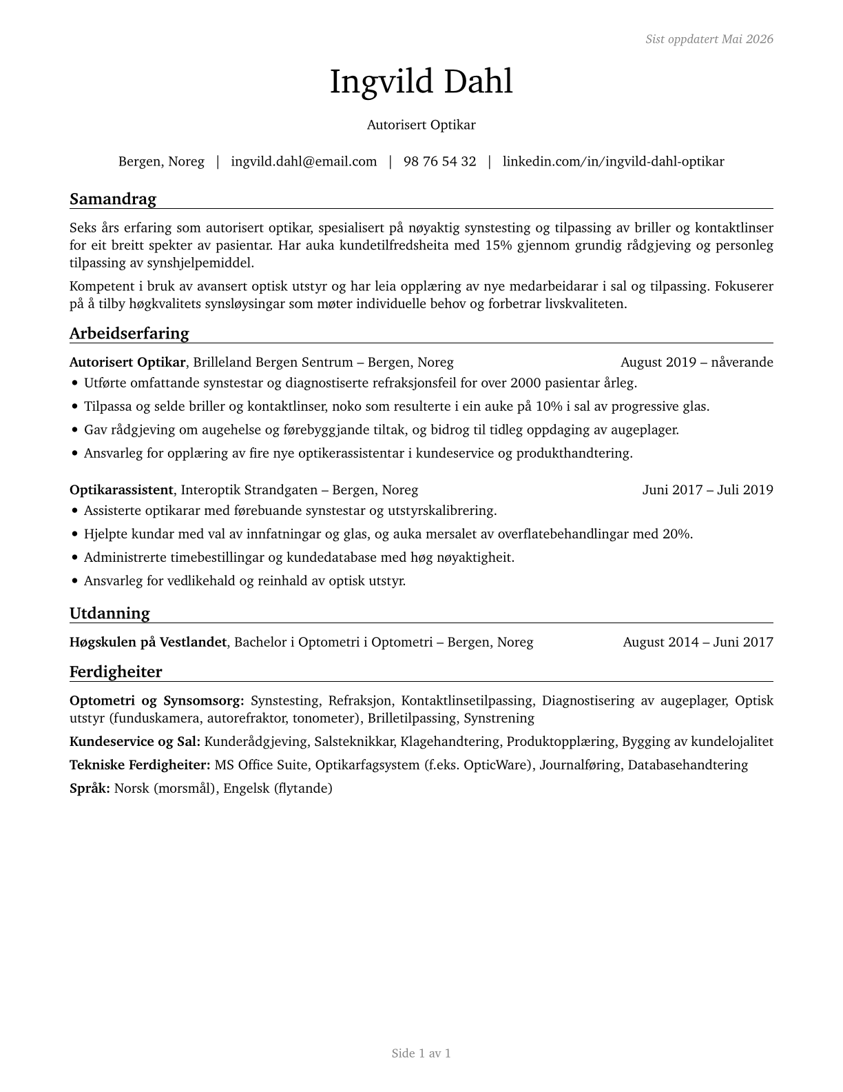 Opticians, Dispensing CV in Norwegian_nynorsk — page 1