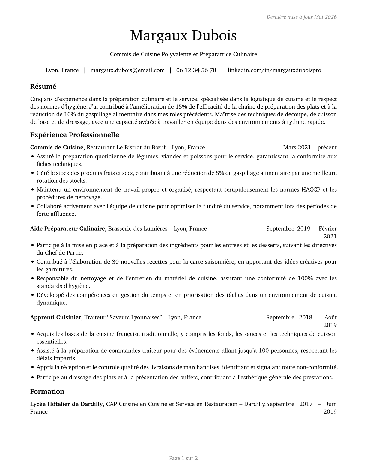 Food Preparation and Serving Related Workers, All Other CV in French — page 1