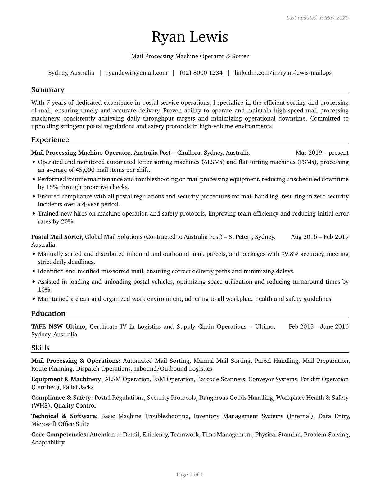Postal Service Mail Sorters, Processors, and Processing Machine Operators CV in English — page 1