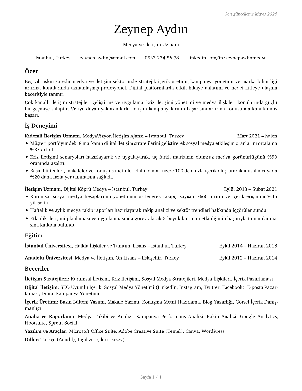 Media and Communication Workers, All Other CV in Turkish — page 1