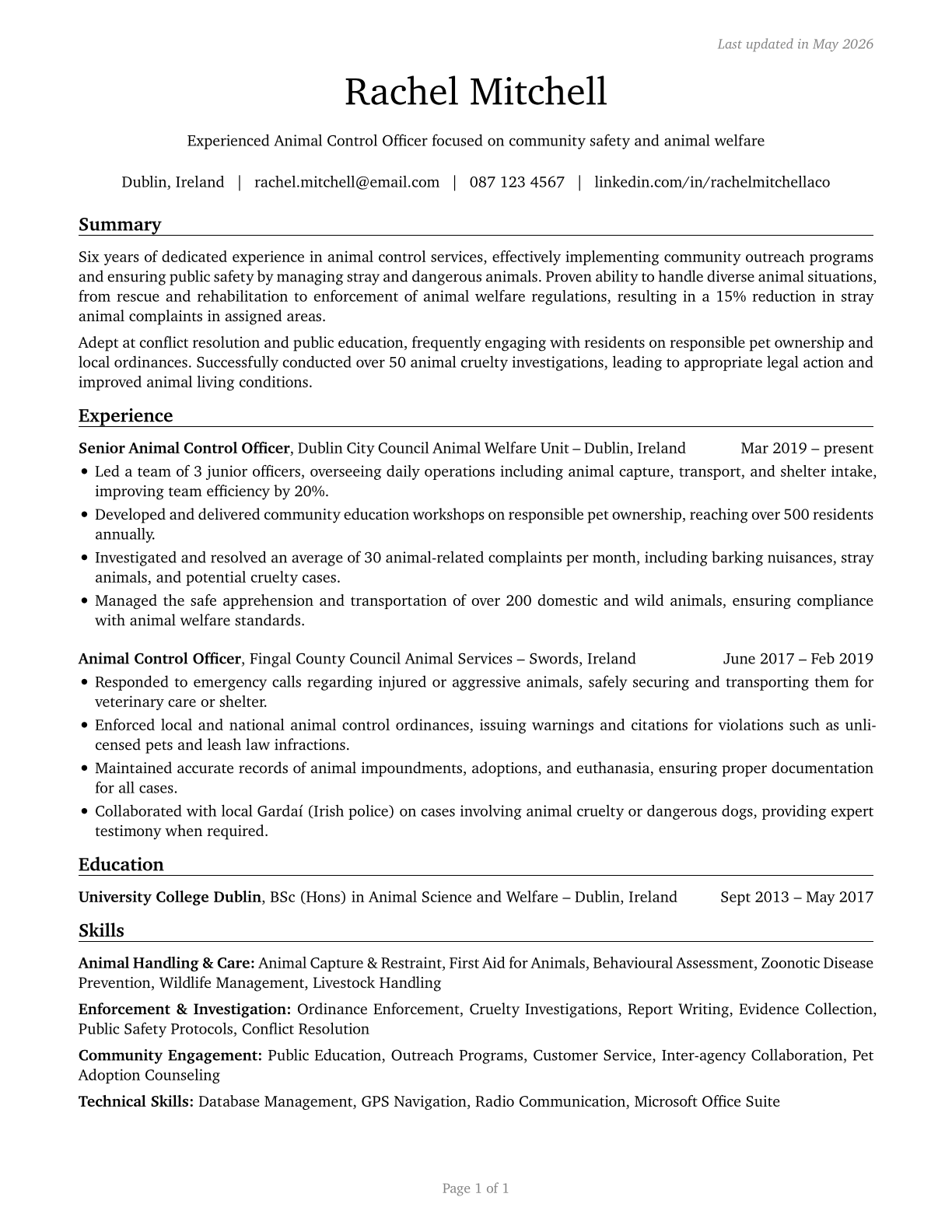 Animal Control Workers CV in English — page 1