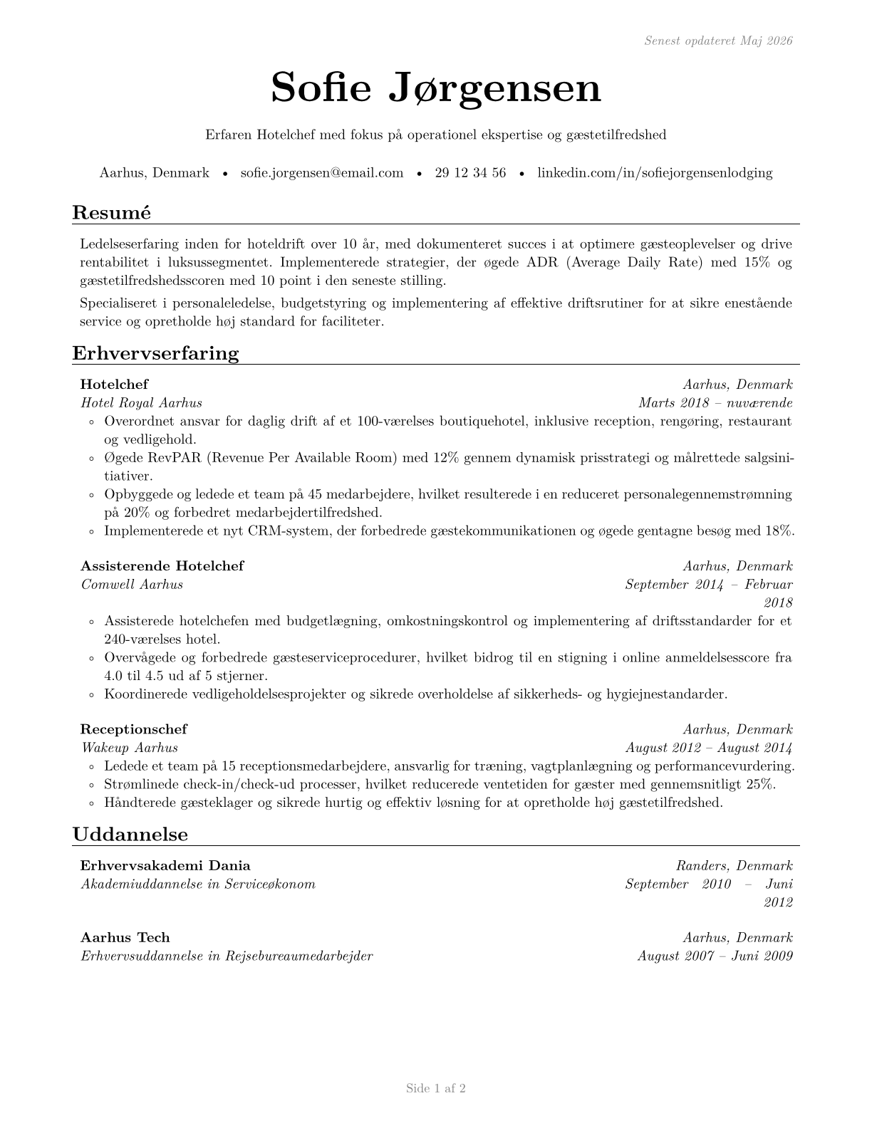 Lodging Managers CV in Danish — page 1