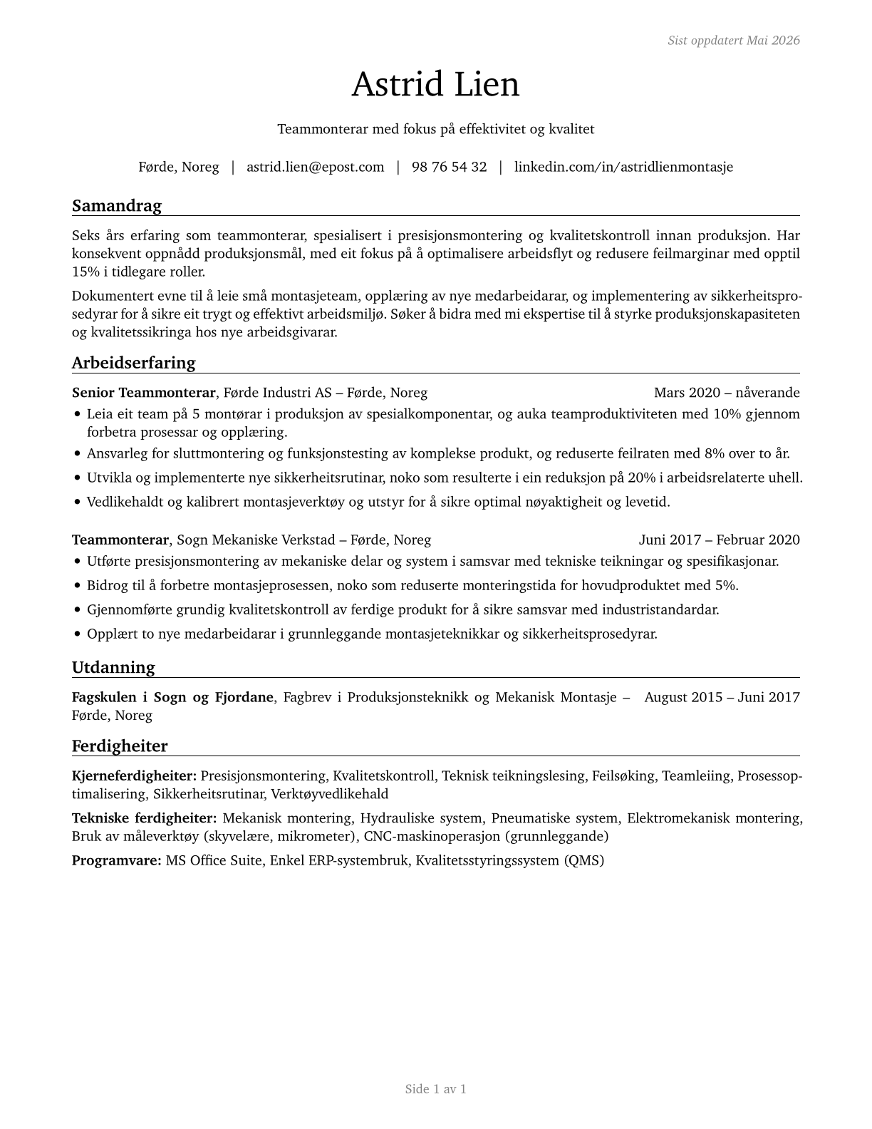 Team Assemblers CV in Norwegian_nynorsk — page 1