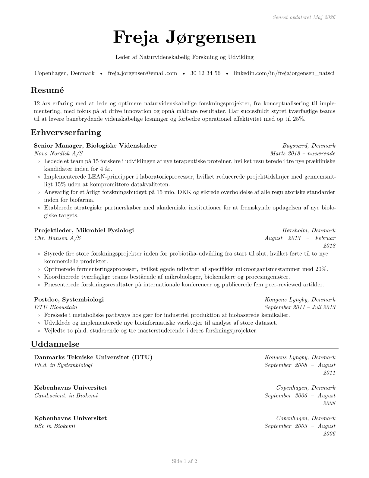 Natural Sciences Managers CV in Danish — page 1