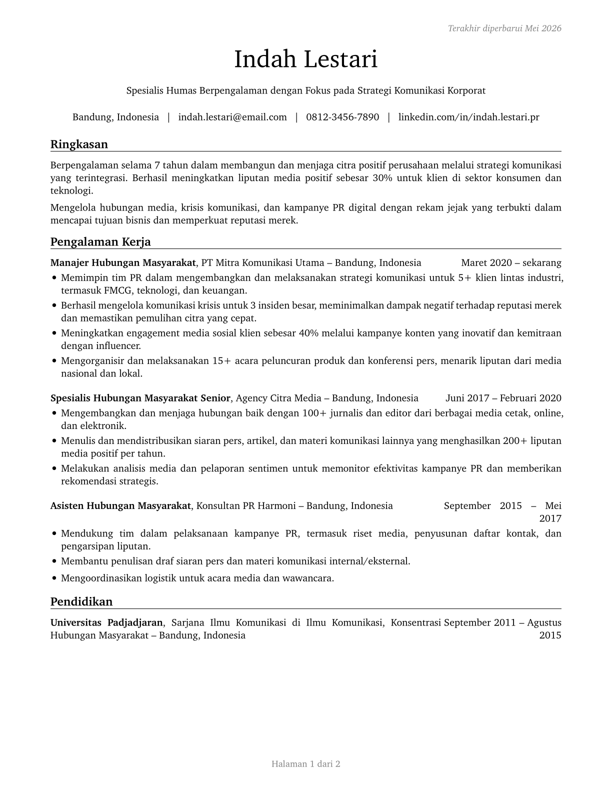 Public Relations Specialists CV in Indonesian — page 1