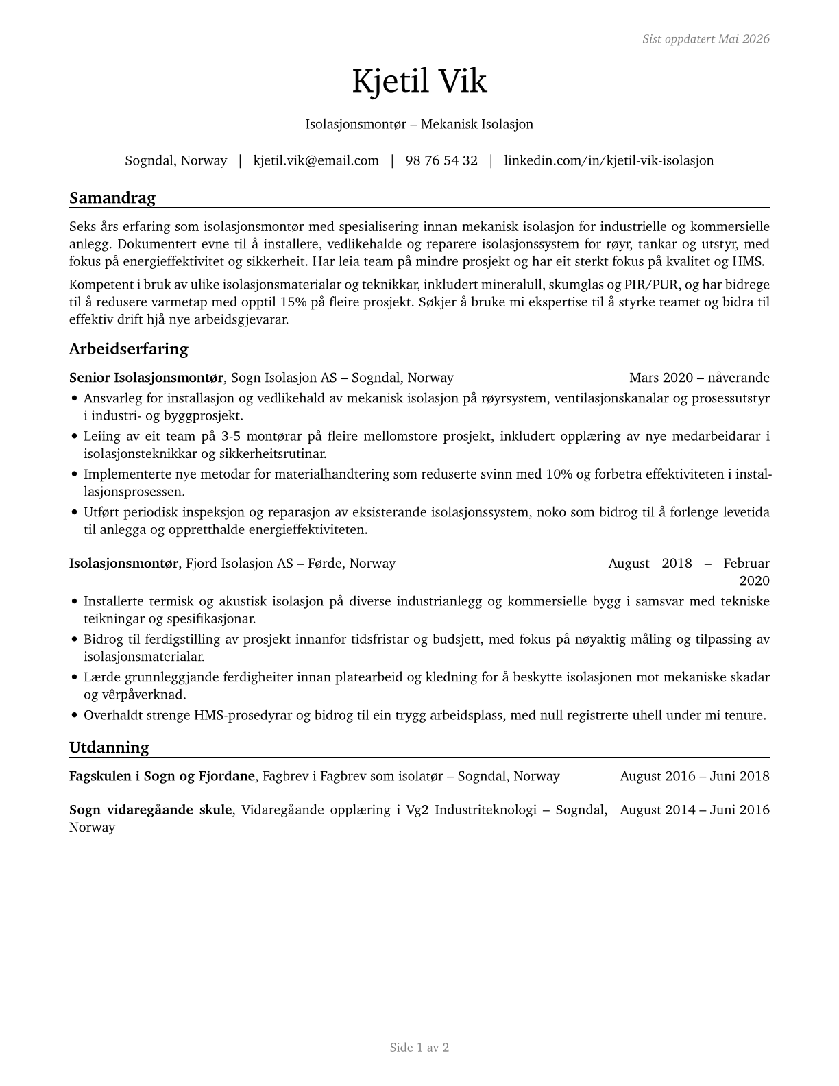 Insulation Workers, Mechanical CV in Norwegian_nynorsk — page 1