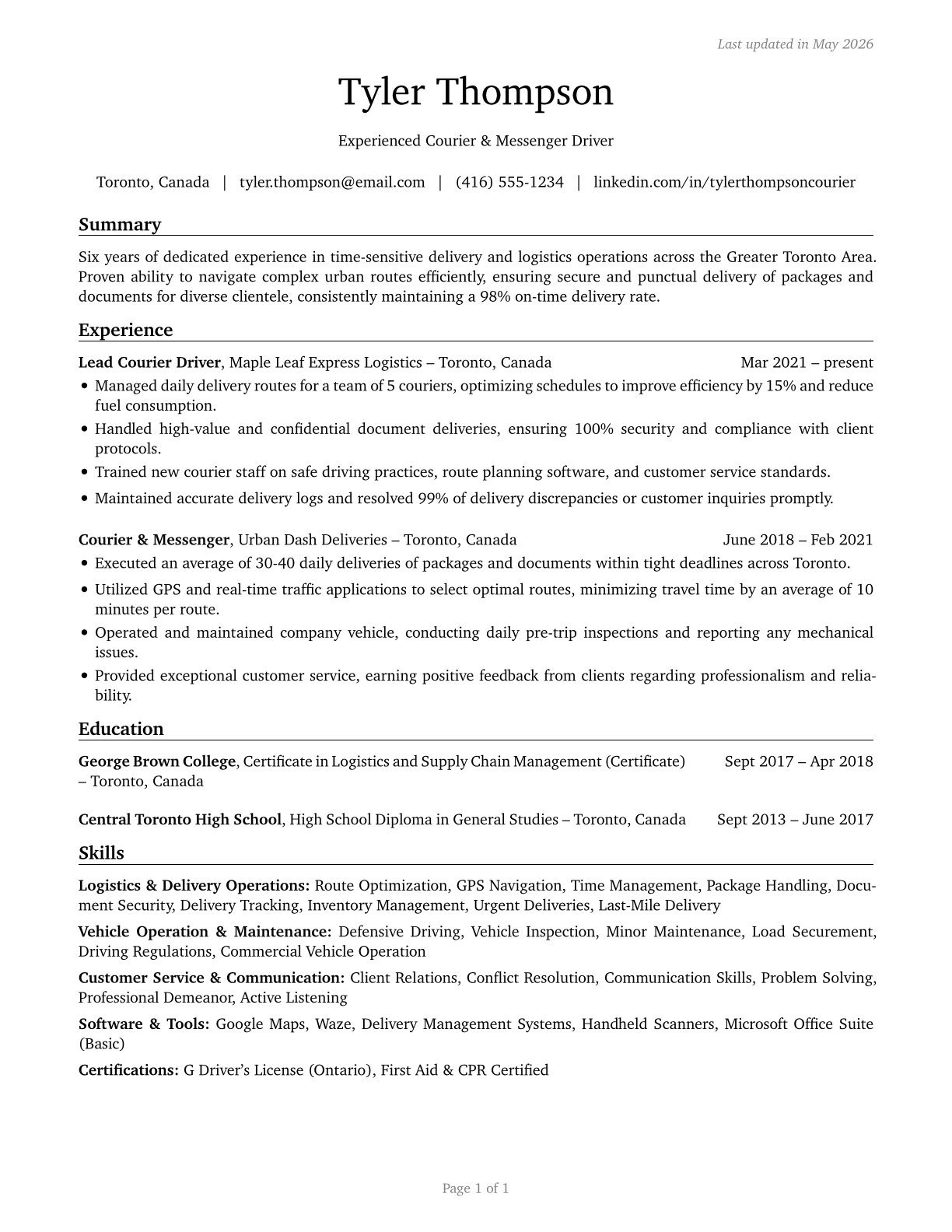 Couriers and Messengers CV in English — page 1