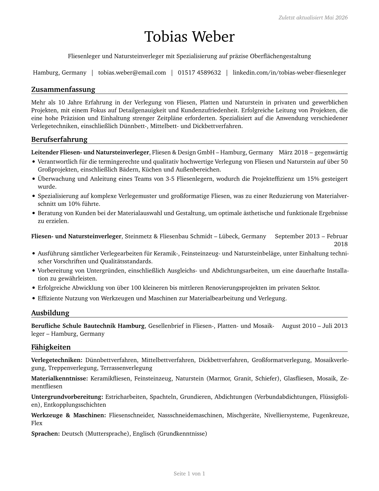Tile and Stone Setters CV in German — page 1