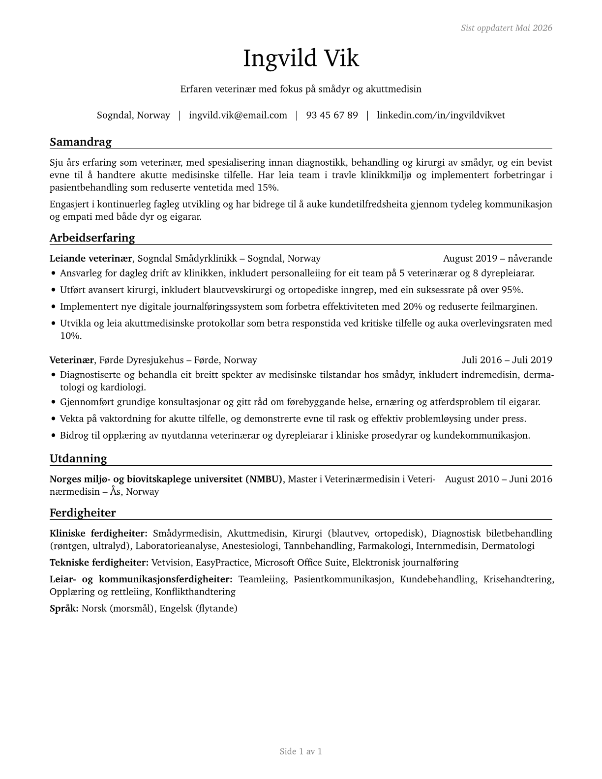Veterinarians CV in Norwegian_nynorsk — page 1
