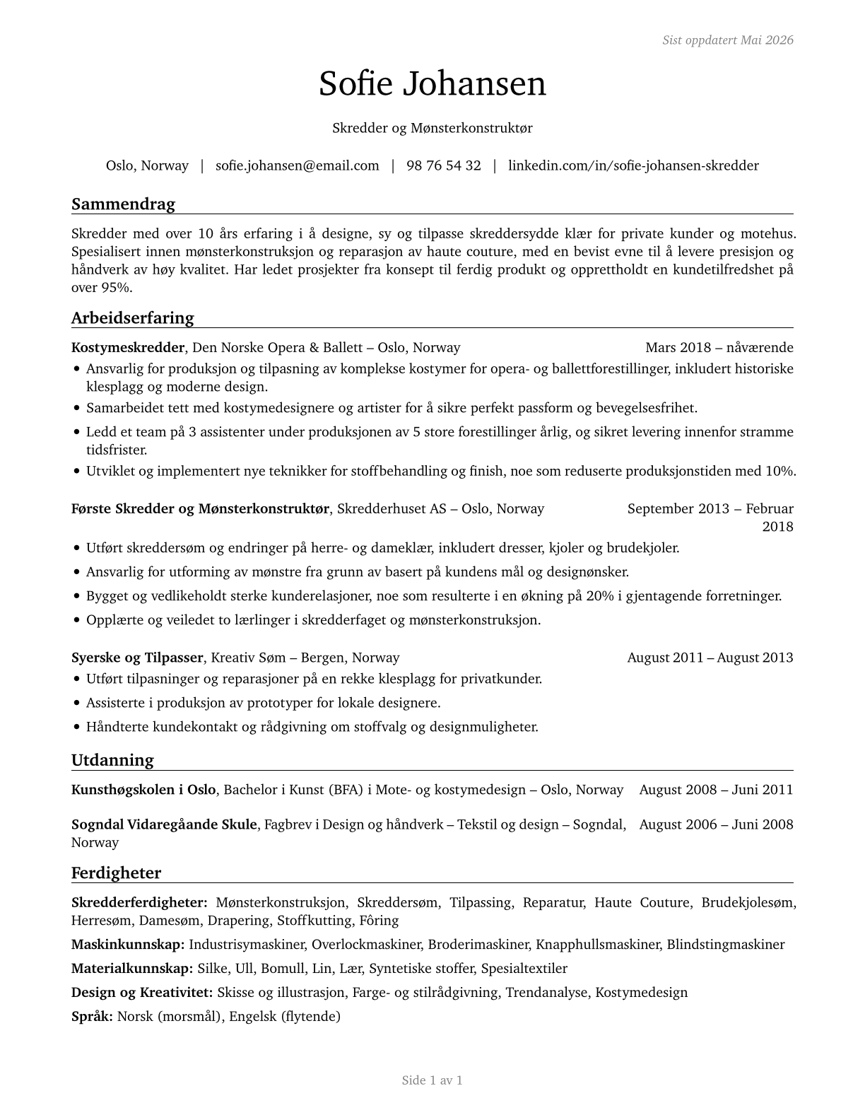 Tailors, Dressmakers, and Custom Sewers CV in Norwegian_bokmal — page 1