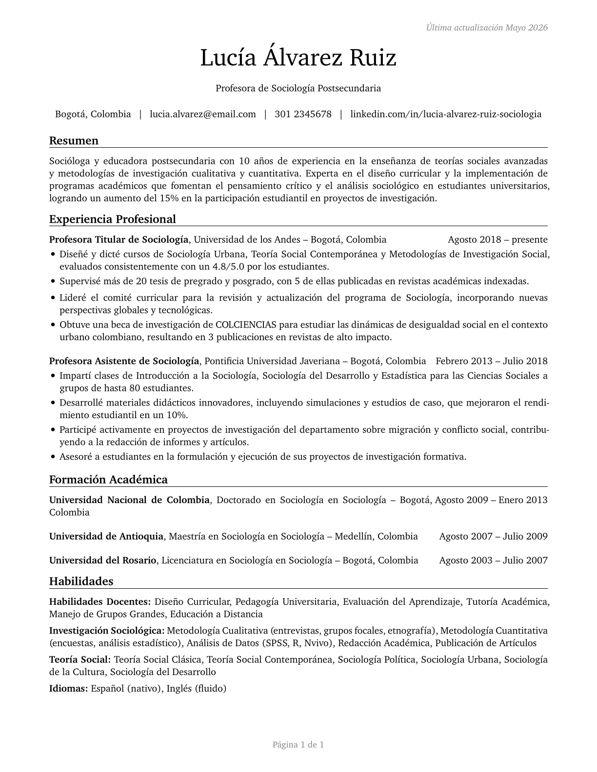 Sociology Teachers, Postsecondary CV in Spanish — page 1