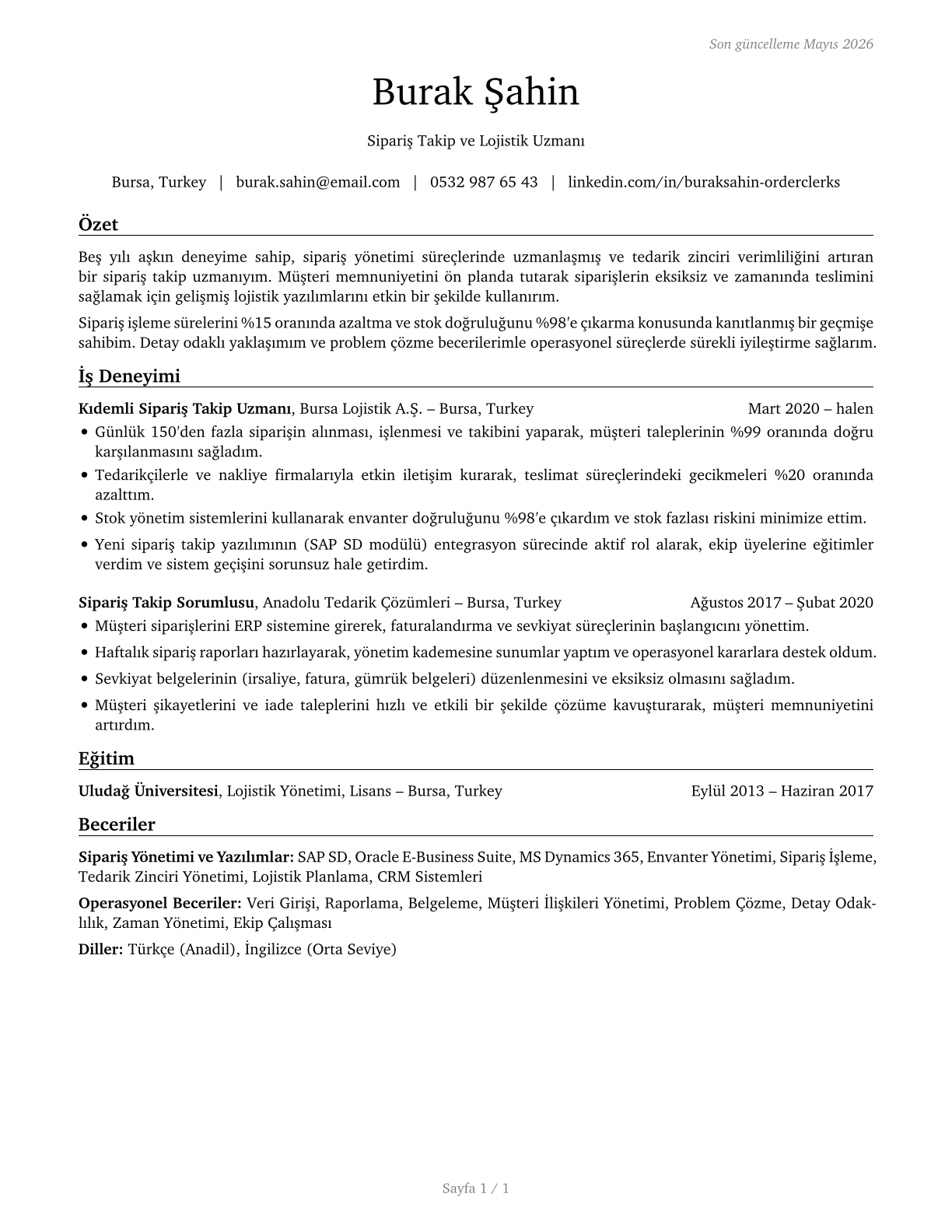 Order Clerks CV in Turkish — page 1