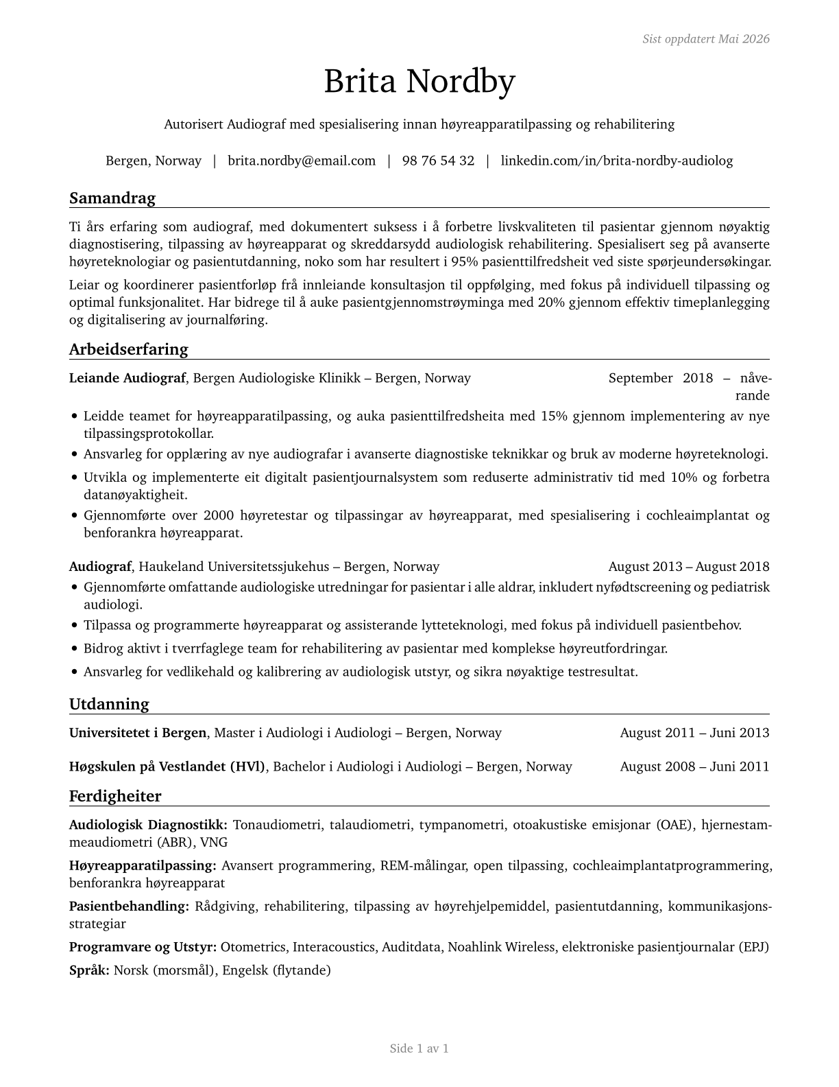 Audiologists CV in Norwegian_nynorsk — page 1