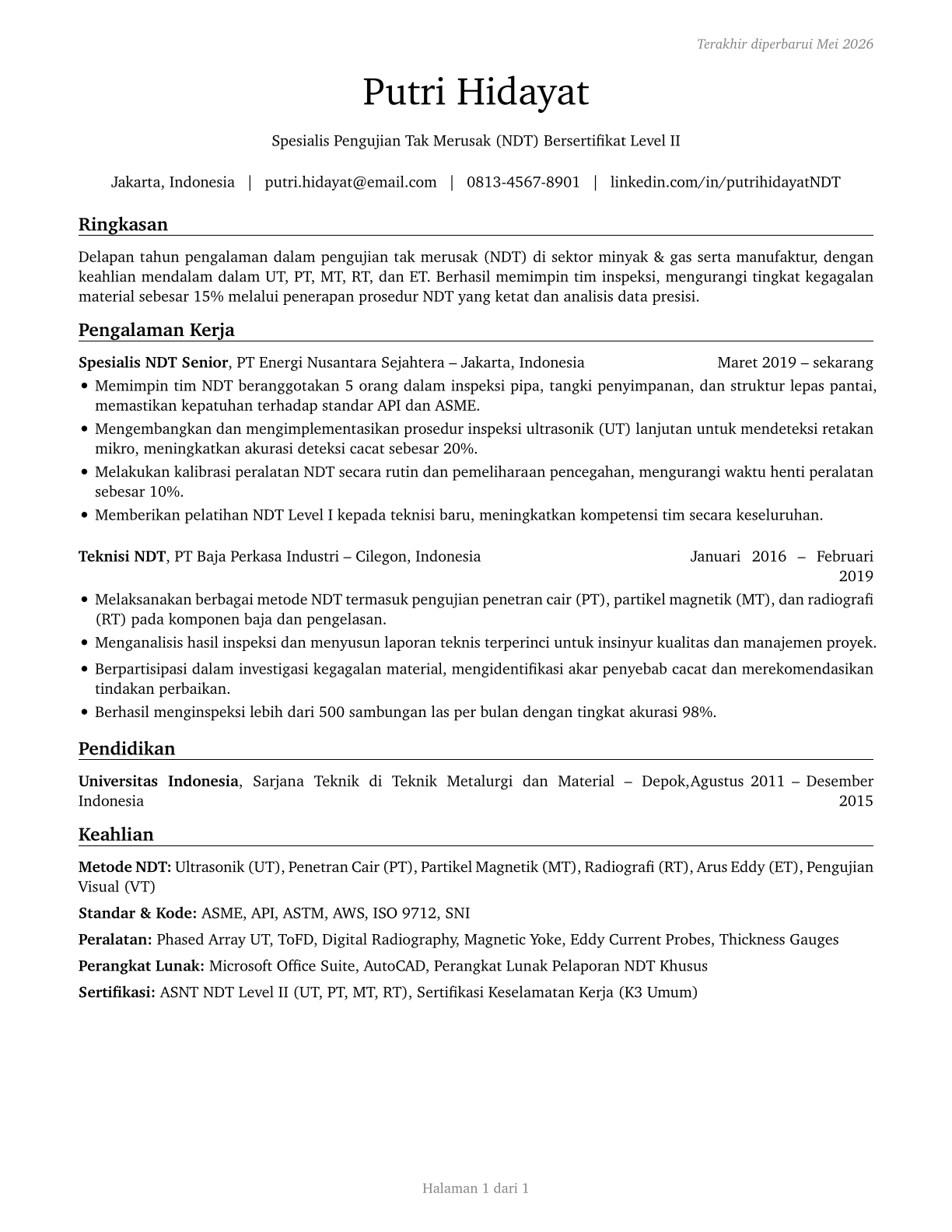Non-Destructive Testing Specialists CV in Indonesian — page 1