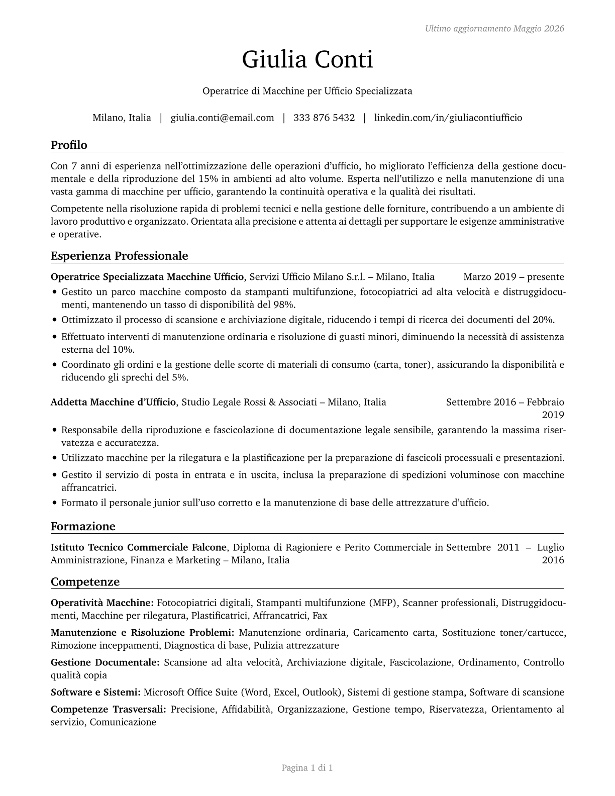 Office Machine Operators, Except Computer CV in Italian — page 1