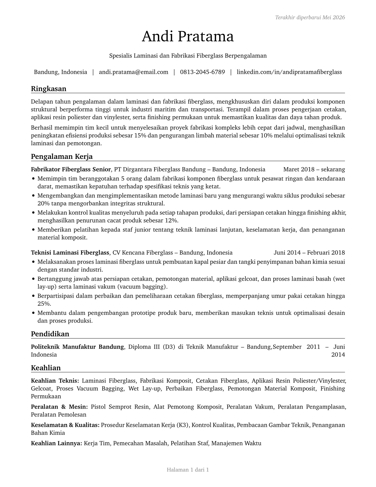 Fiberglass Laminators and Fabricators CV in Indonesian — page 1