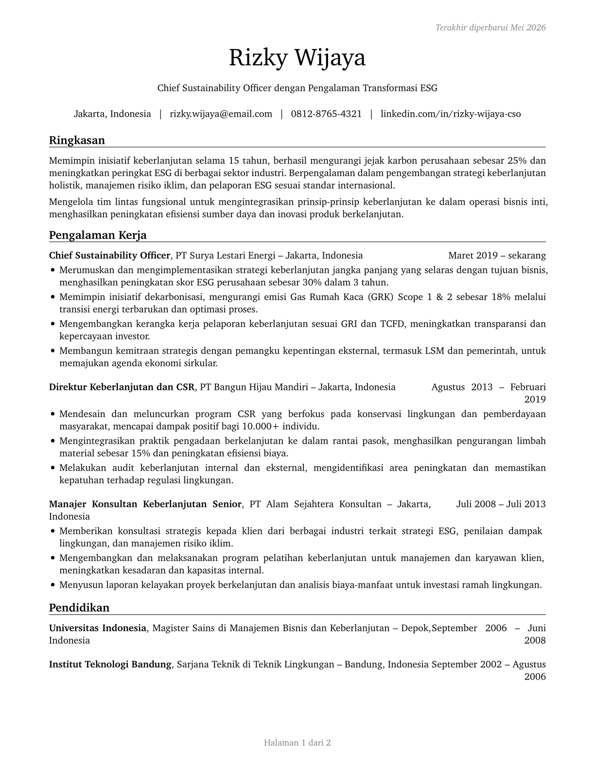 Chief Sustainability Officers CV in Indonesian — page 1