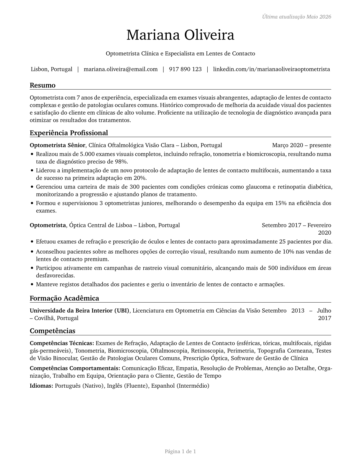 Optometrists CV in Portuguese — page 1