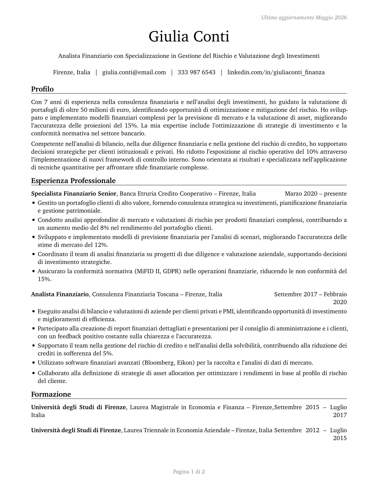 Financial Specialists, All Other CV in Italian — page 1