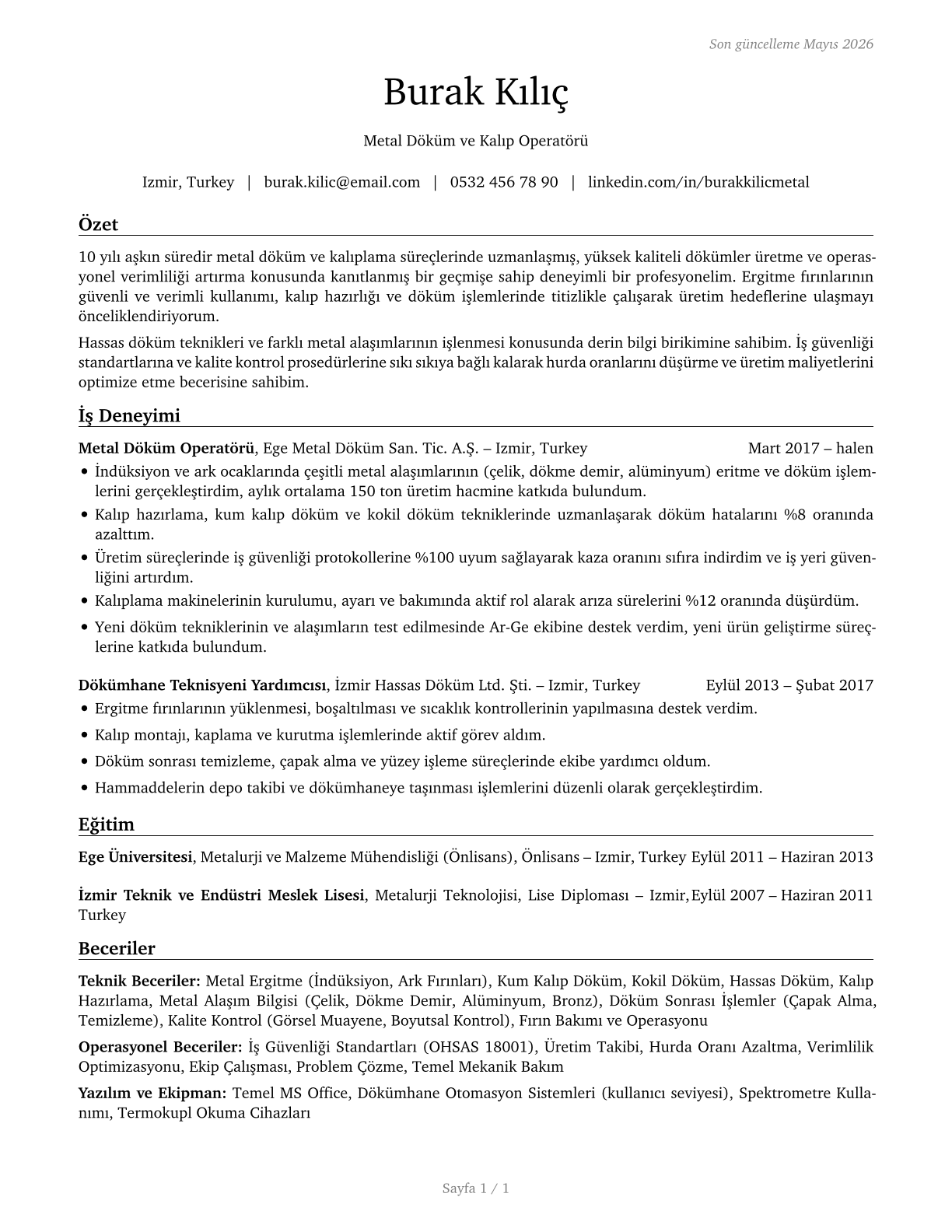 Pourers and Casters, Metal CV in Turkish — page 1