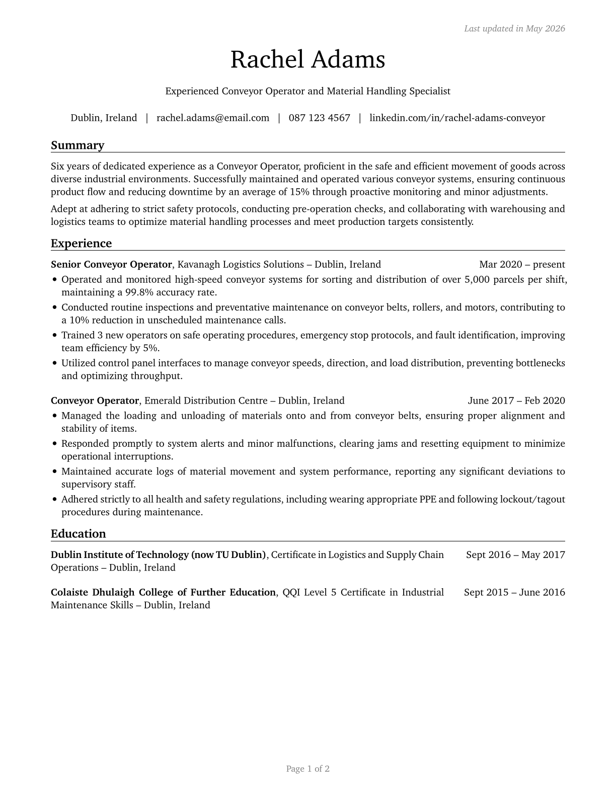 Conveyor Operators and Tenders CV in English — page 1