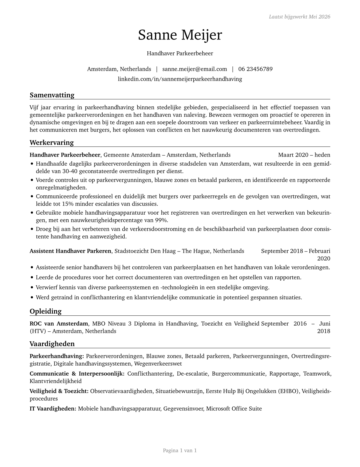 Parking Enforcement Workers CV in Dutch — page 1