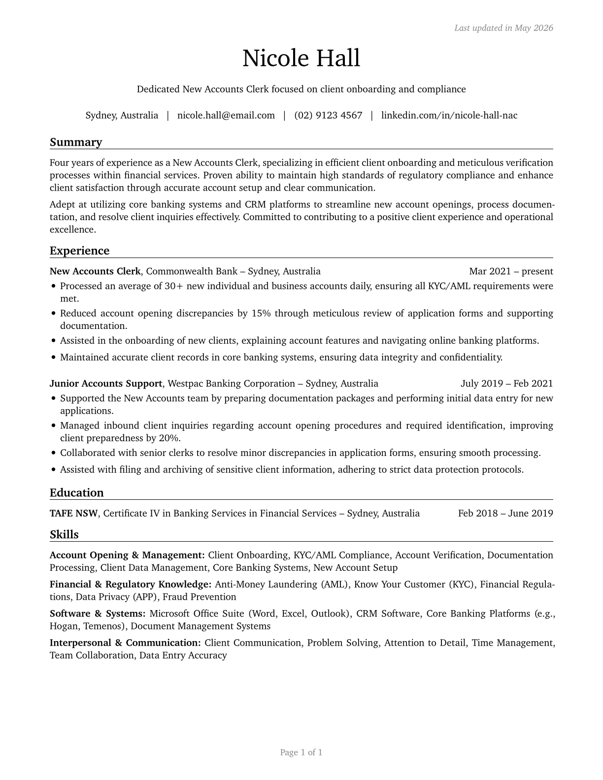 New Accounts Clerks CV in English — page 1