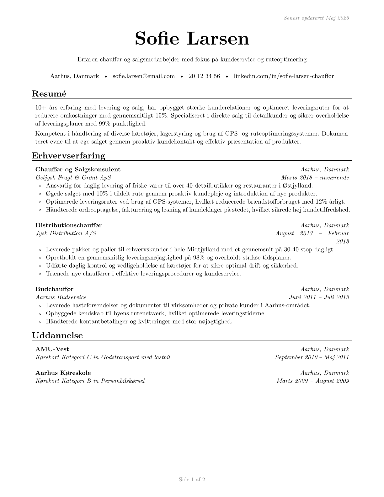 Driver/Sales Workers CV in Danish — page 1