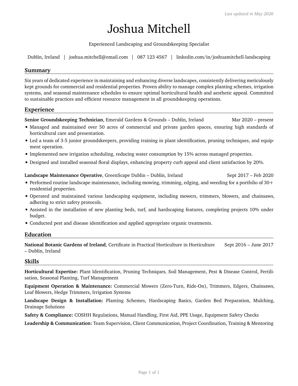 Landscaping and Groundskeeping Workers CV in English — page 1