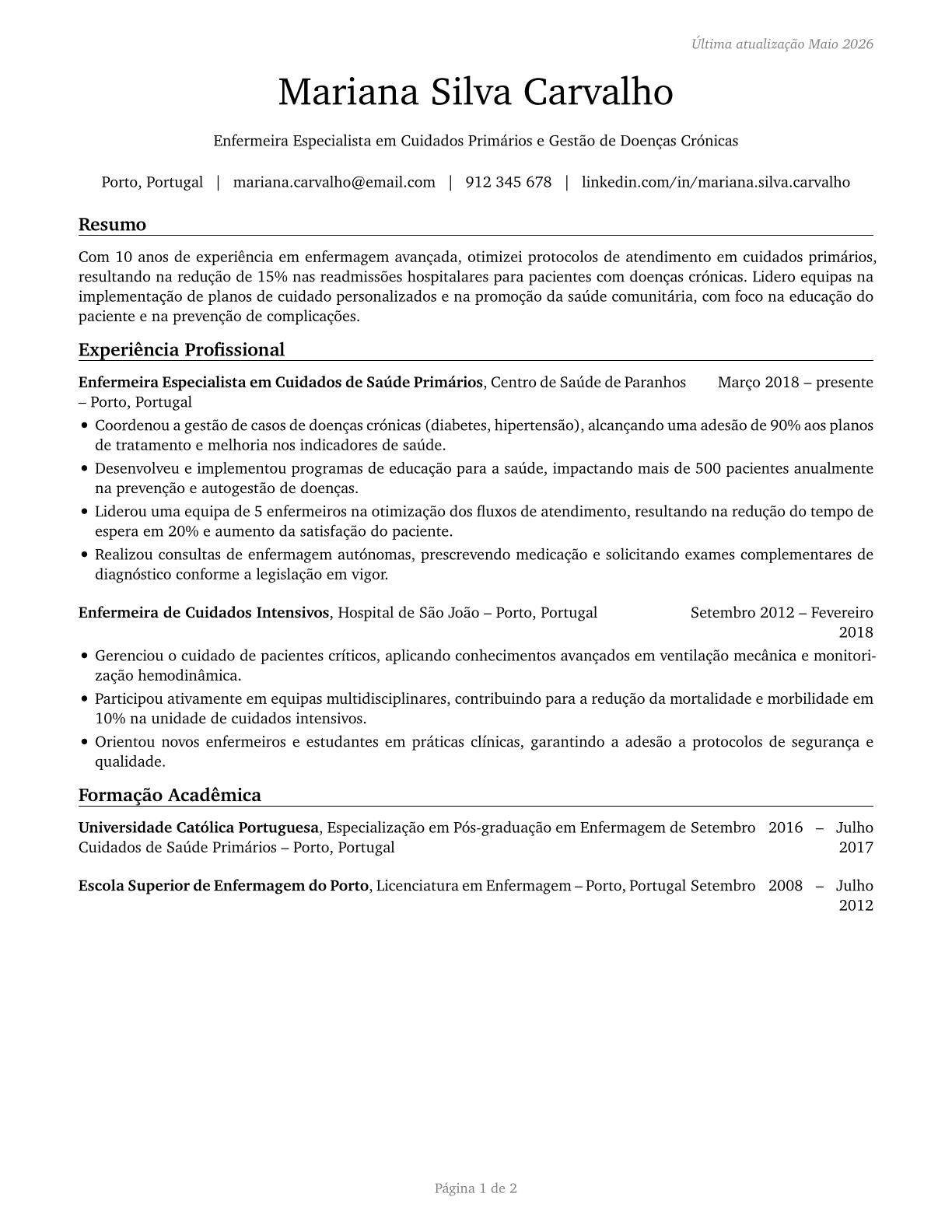 Nurse Practitioners CV in Portuguese — page 1