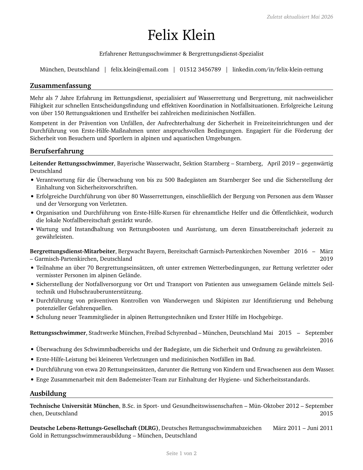 Lifeguards, Ski Patrol, and Other Recreational Protective Service Workers CV in German — page 1