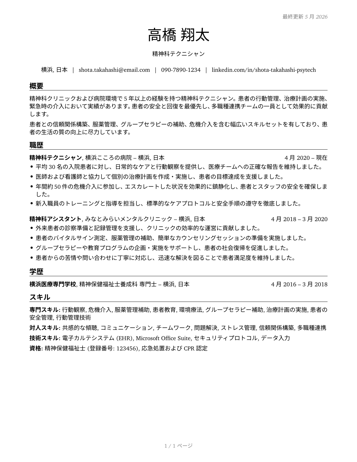 Psychiatric Technicians CV in Japanese — page 1