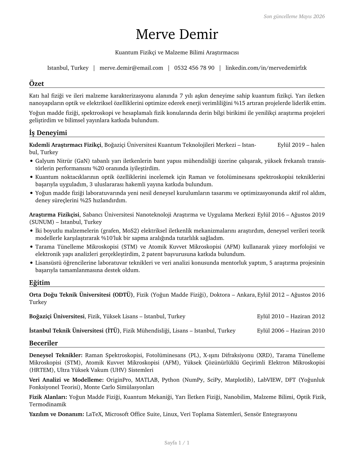 Physical Scientists, All Other CV in Turkish — page 1