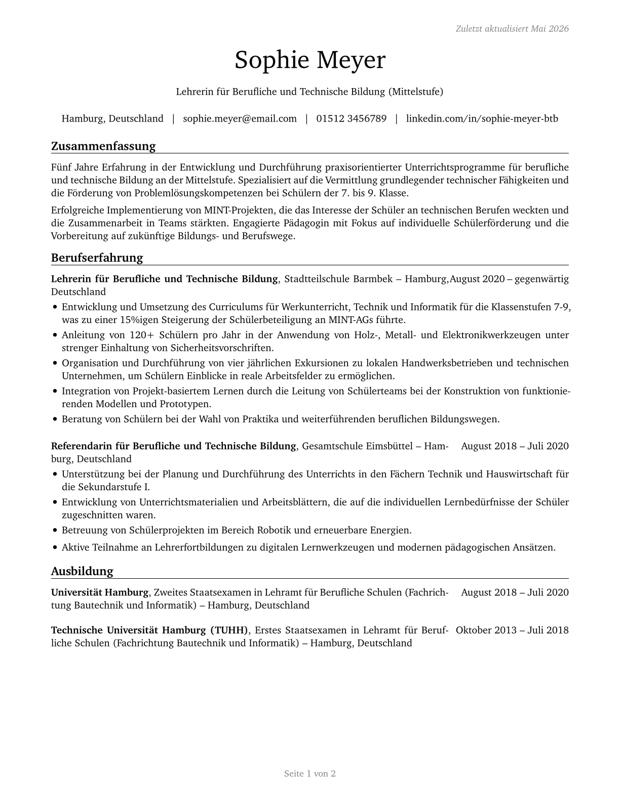 Career/Technical Education Teachers, Middle School CV in German — page 1