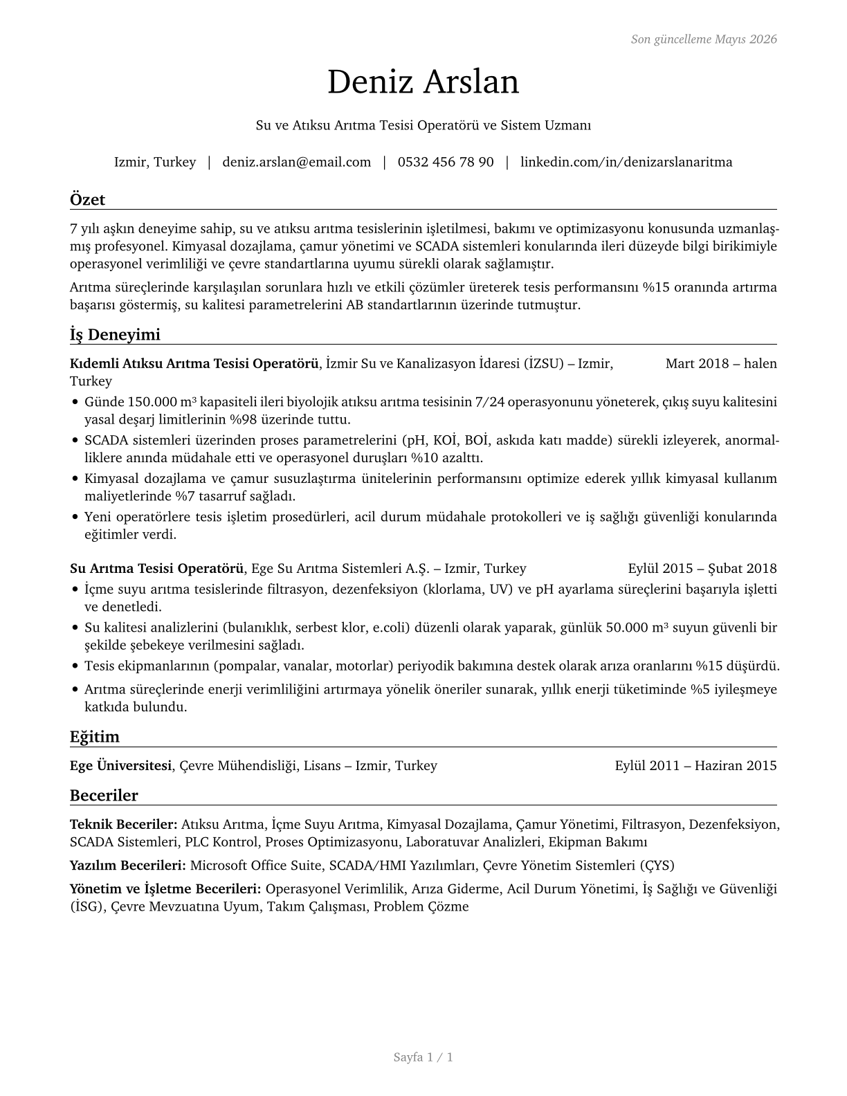 Water and Wastewater Treatment Plant and System Operators CV in Turkish — page 1