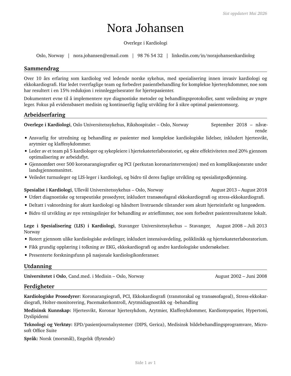 Cardiologists CV in Norwegian_bokmal — page 1