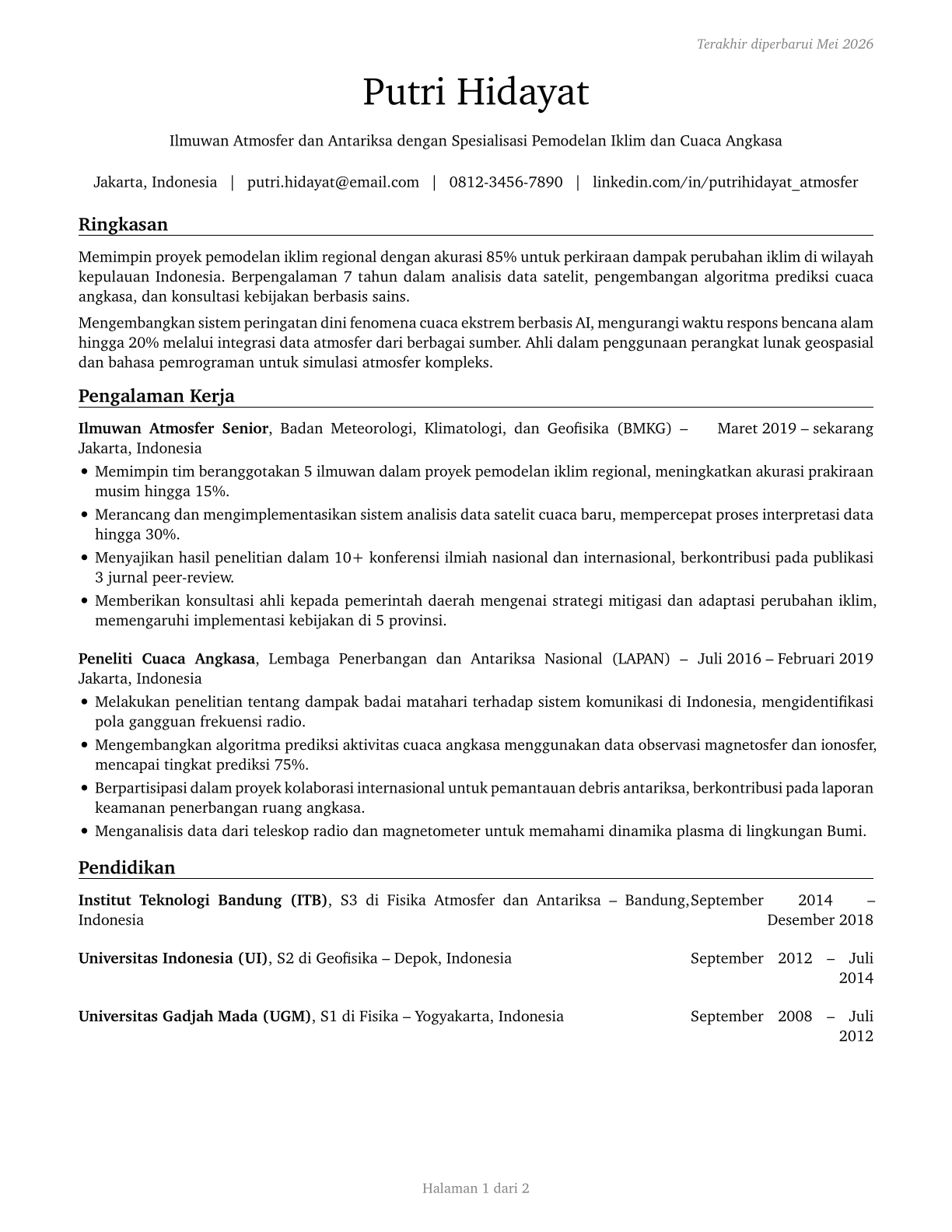 Atmospheric and Space Scientists CV in Indonesian — page 1