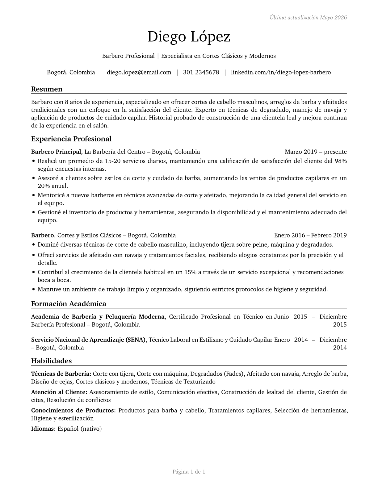 Barbers CV in Spanish — page 1
