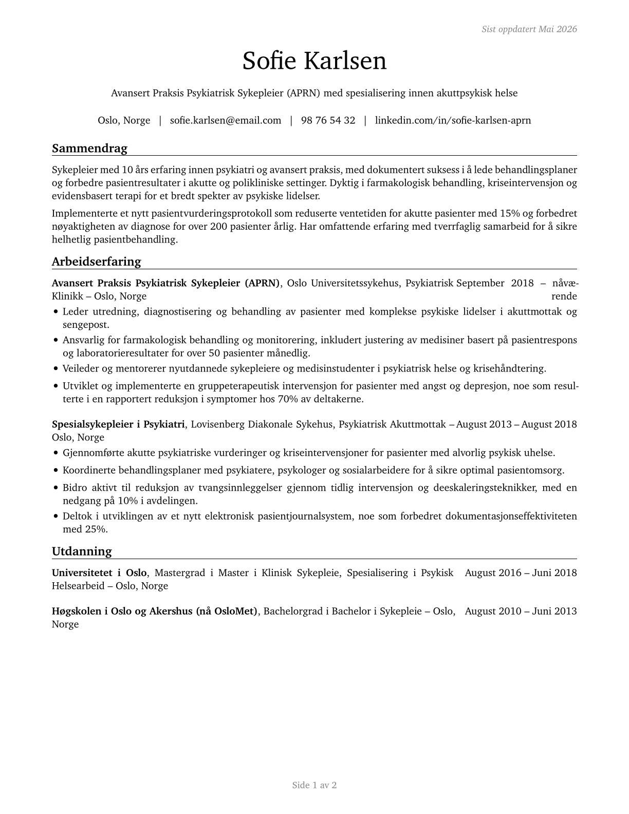 Advanced Practice Psychiatric Nurses CV in Norwegian_bokmal — page 1