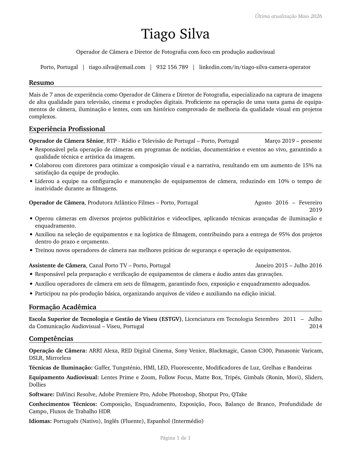 Camera Operators, Television, Video, and Film CV in Portuguese — page 1