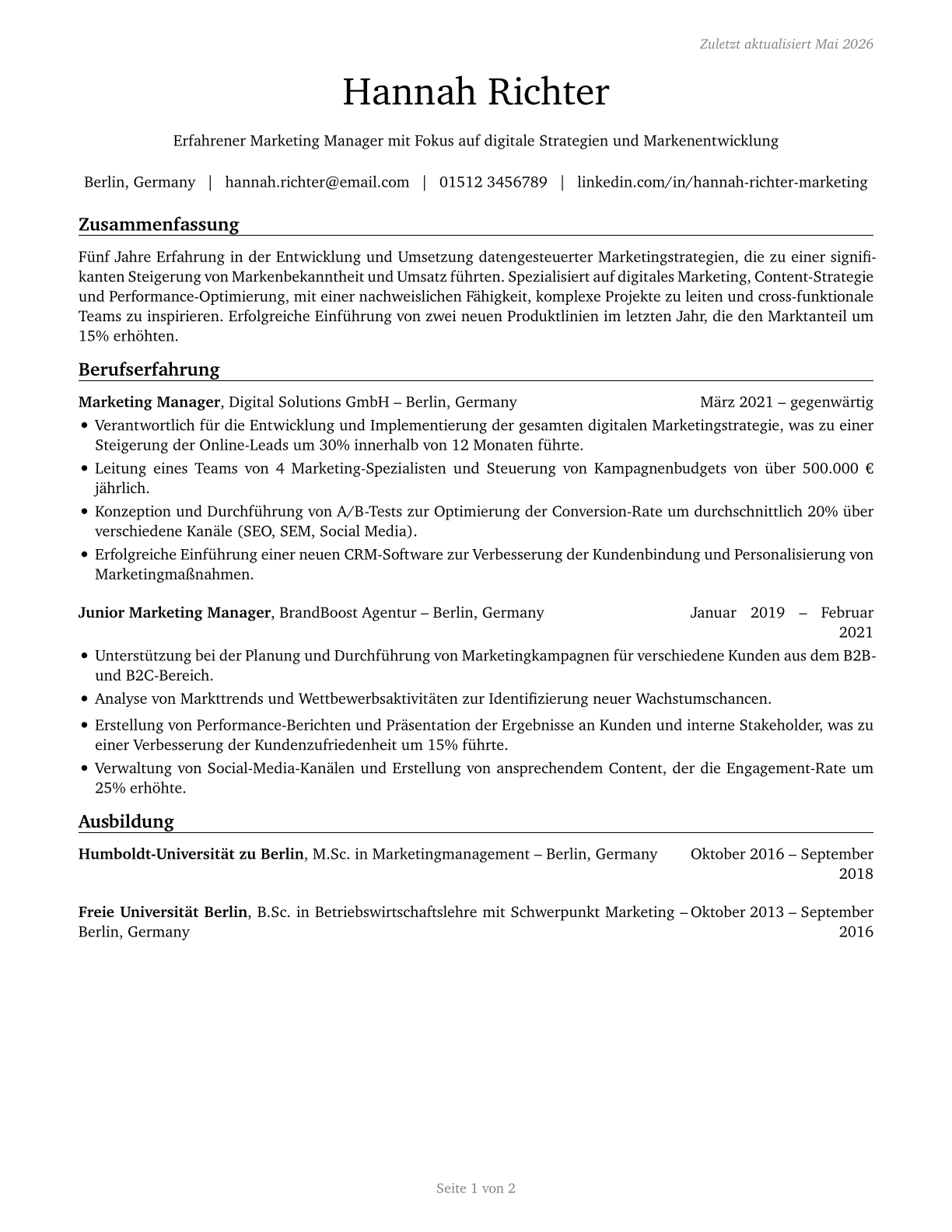 Marketing Managers CV in German — page 1