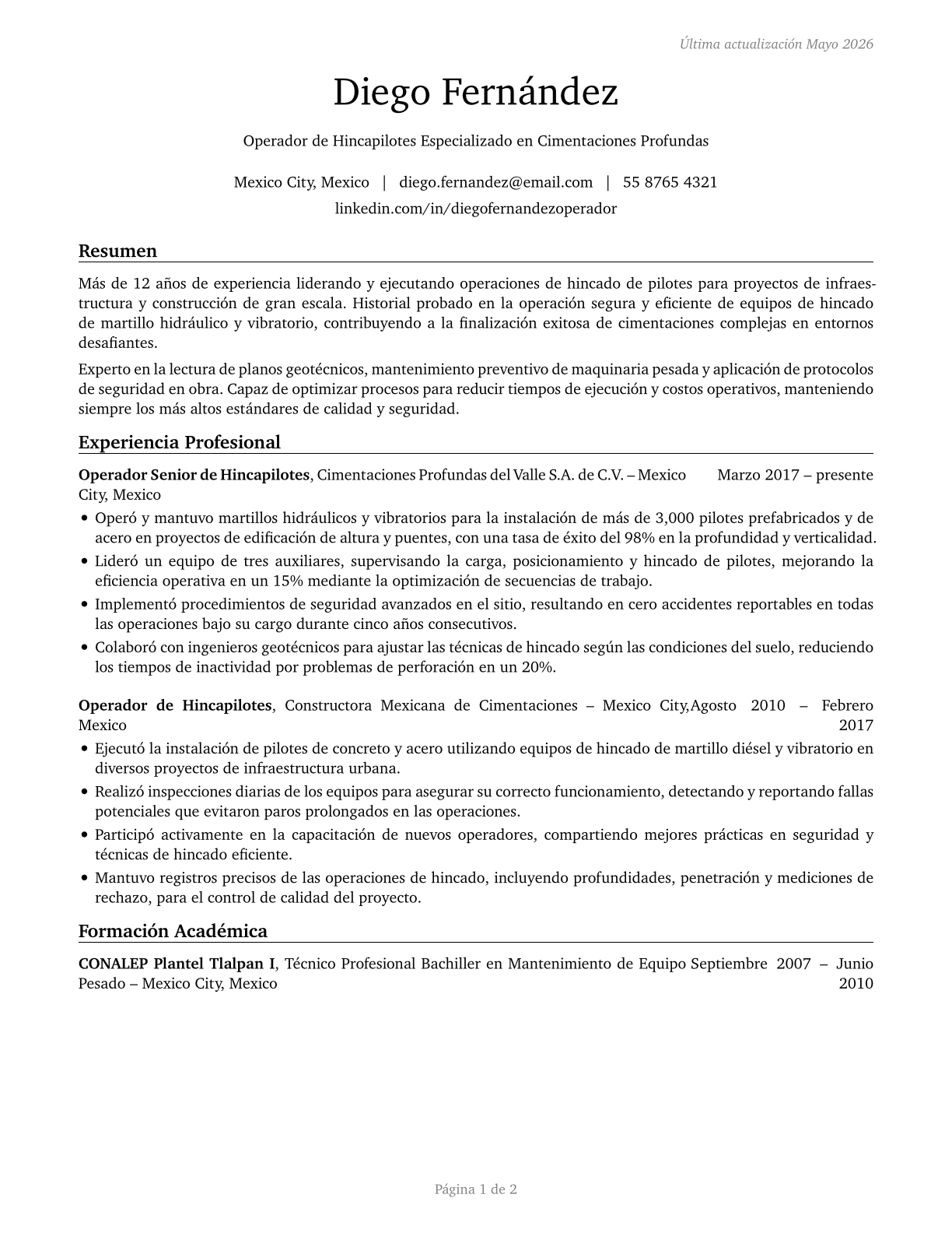 Pile Driver Operators CV in Spanish — page 1