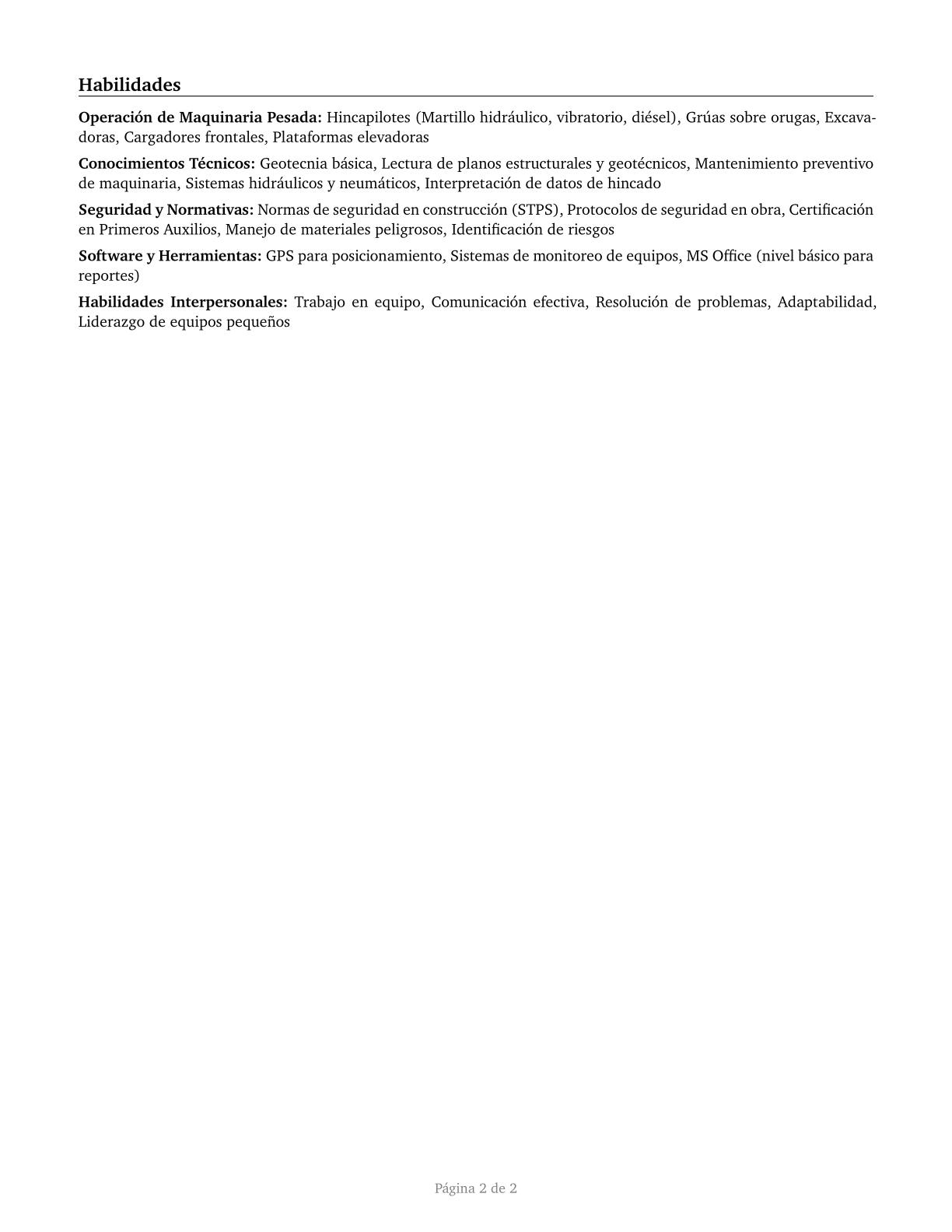 Pile Driver Operators CV in Spanish — page 2
